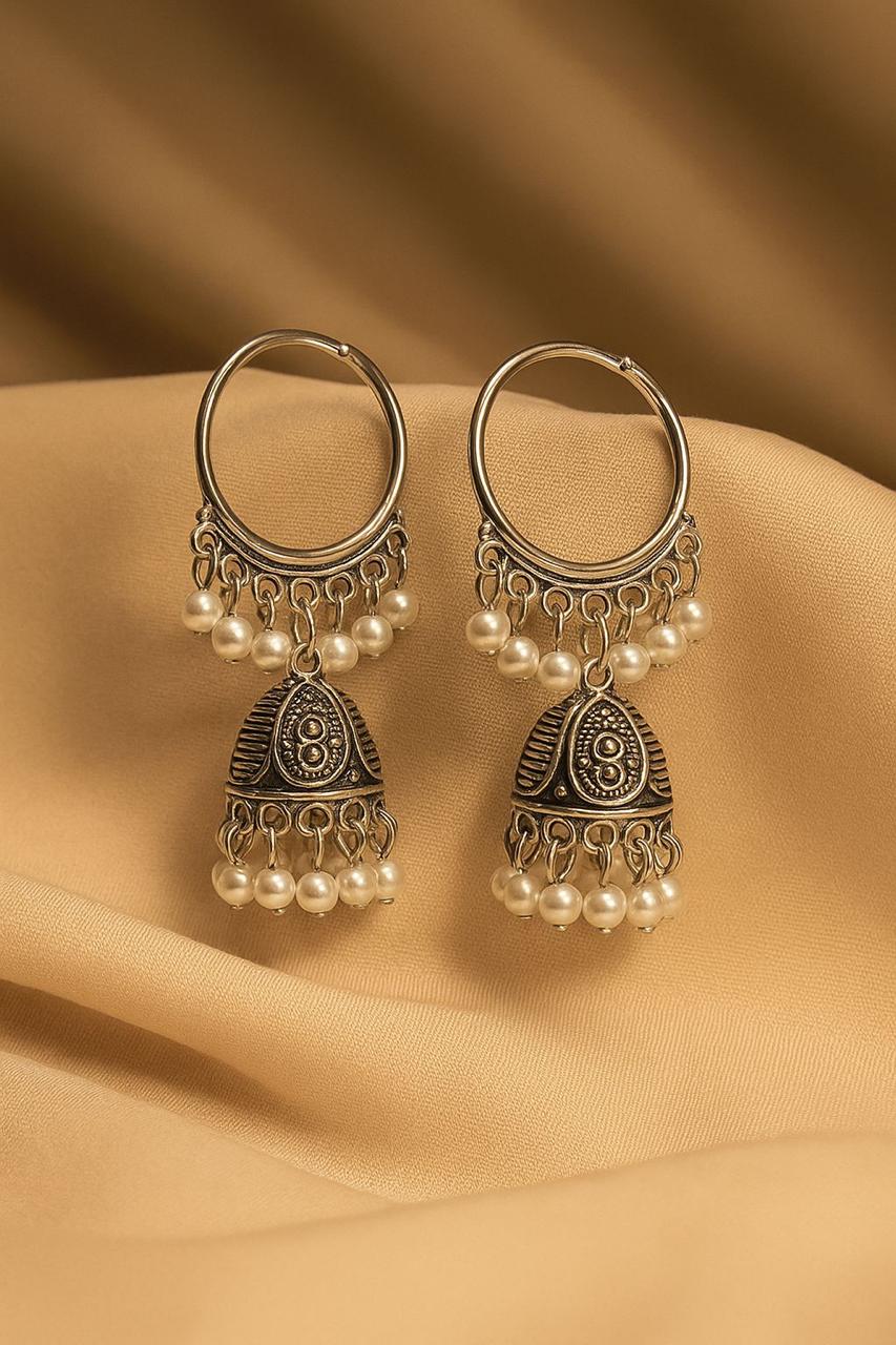Pearl Charm Oxidized Jhumkas