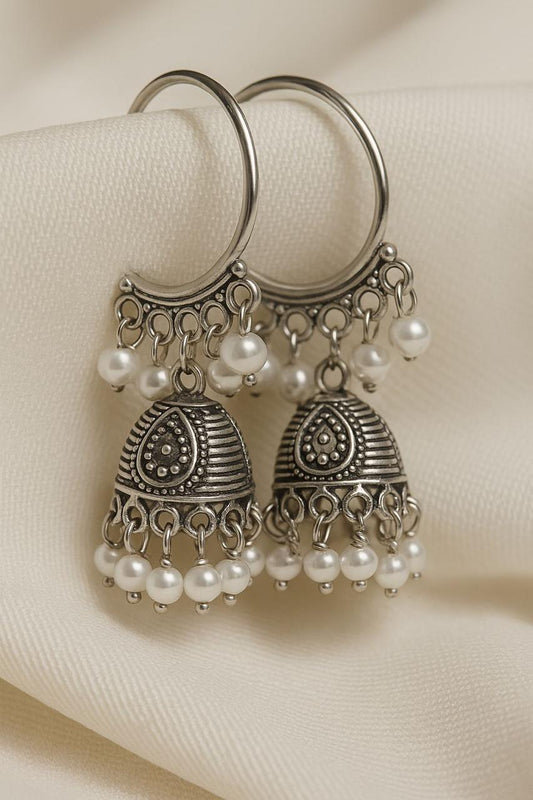 Pearl Charm Oxidized Jhumkas